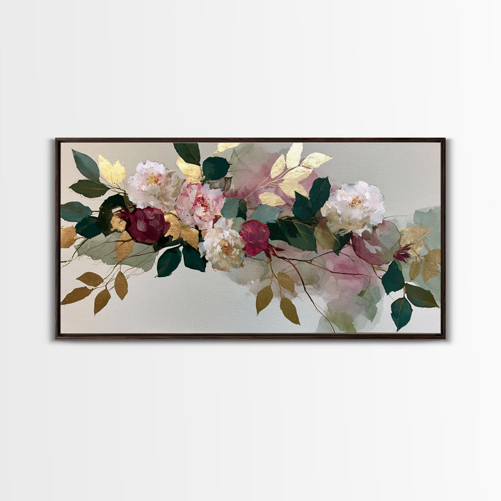 Pomegranate and Gold Leaf Botanical Study Canvas Print, Dining Room Art, Boho Decor, Dining Room Decor, Oil Painting, Dining, DRA-2x1-4