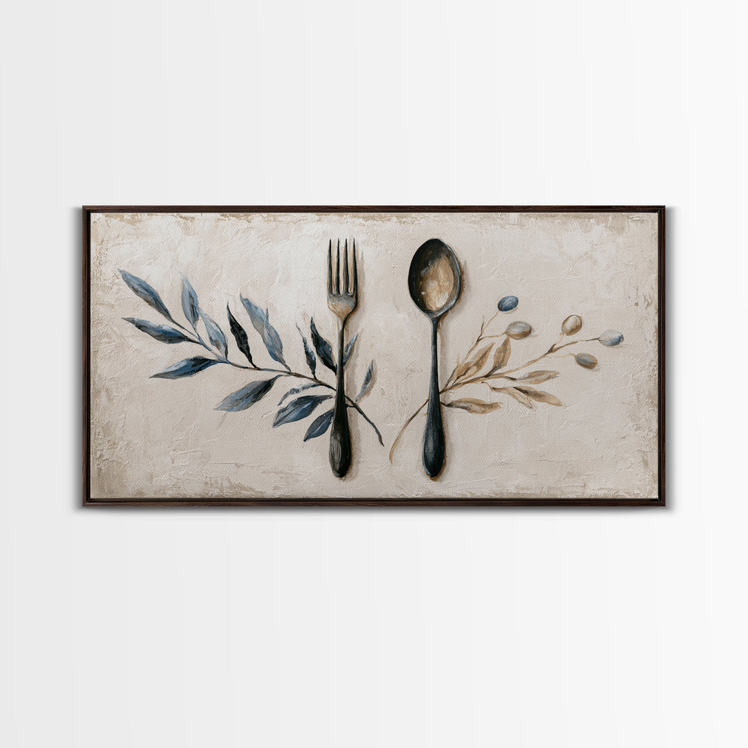 Minimal Fork Spoon and Herb Composition Framed Canvas Print, Dining Room Art, Gallery Decor, Dining Room Decor, Dining, DRA-2x1-42