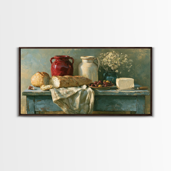Rustic Bread Olives and Cheese Still Life Framed Canvas Print, Dining Room Art, Luxury Decor, Dining Room Decor, Dining, DRA-2x1-50