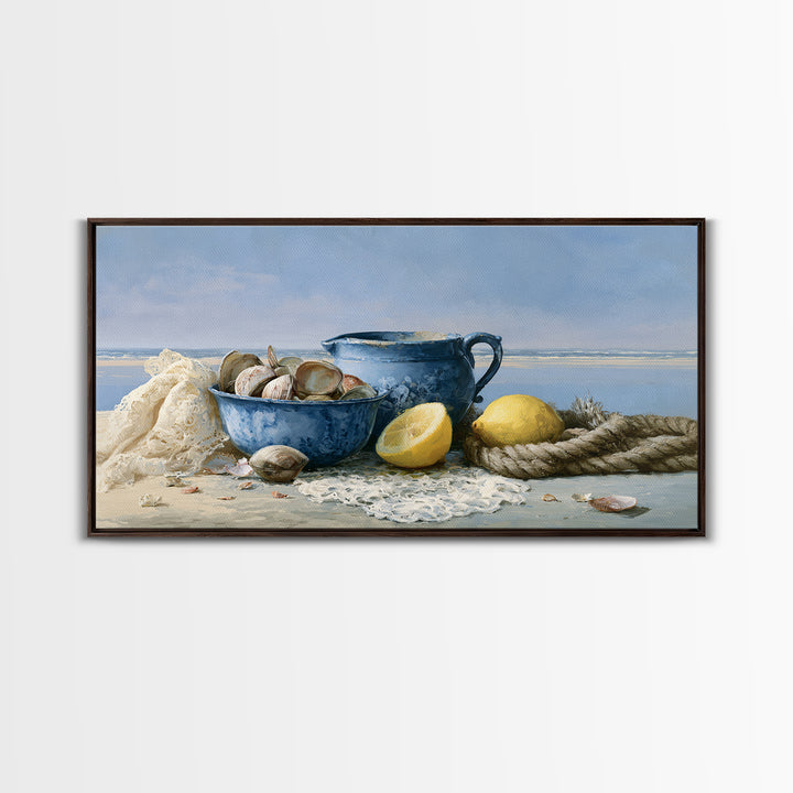 Shellfish and Lemon Still Life Framed Canvas Print, Dining Room Art, Large Wall Art, Dining Room Decor, Oil Painting, Dining, DRA-2x1-60