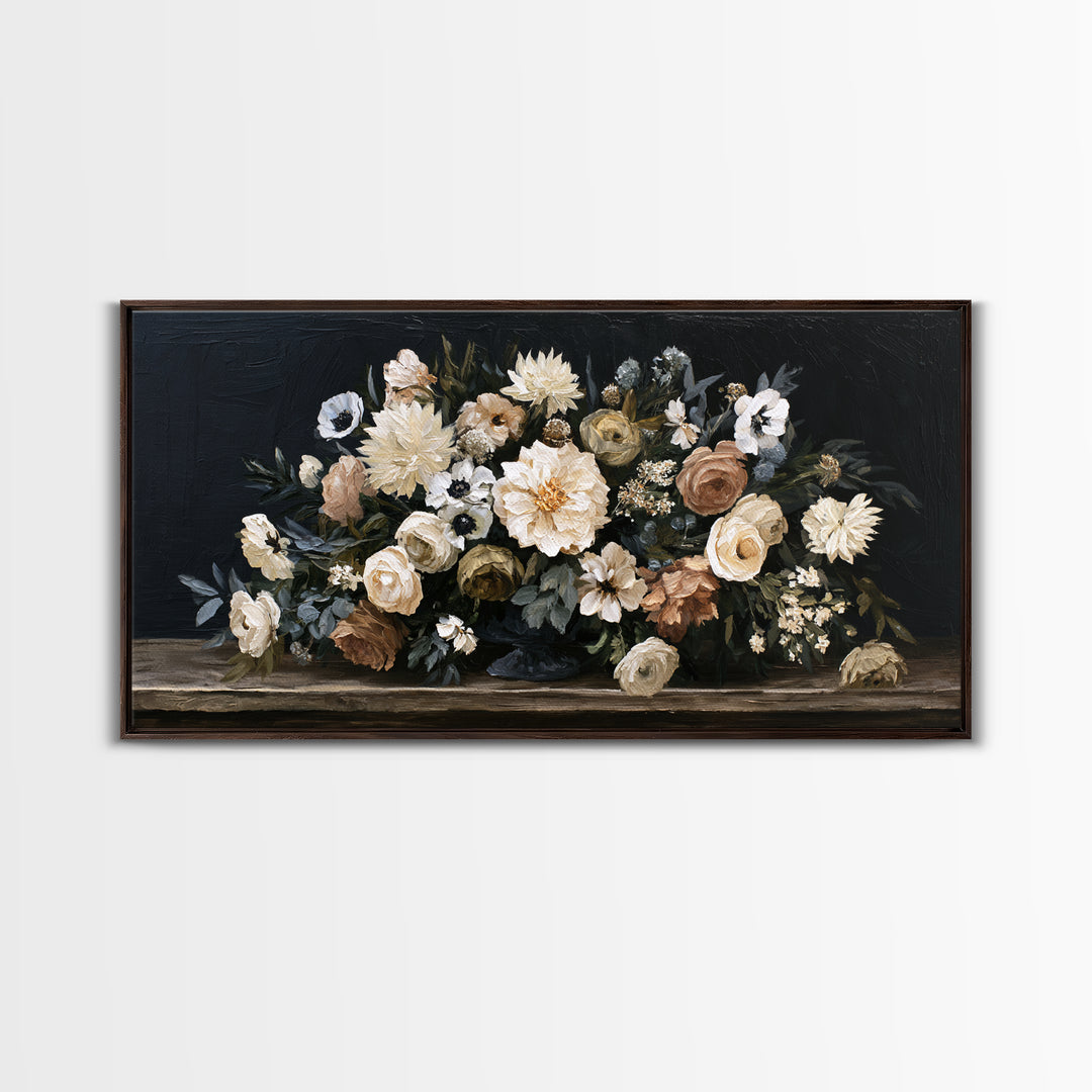 Moody Dark Background Bouquet for Formal Dining Canvas Print, Dining Room Art, Contemporary Art, Dining Room Decor, Dining, DRA-2x1-7