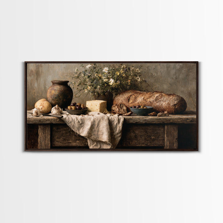 Rustic Bread Olives and Cheese Still Life Canvas Print, Dining Room Art, Dining Room Decor, Watercolor Art, Dining, DRA-2x1-74