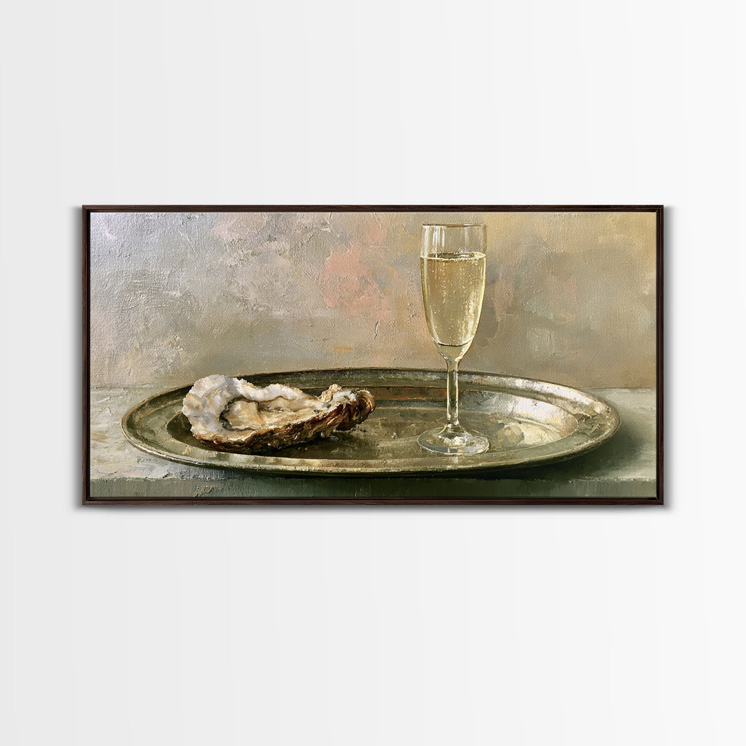 Elegant Oyster and Champagne Still Life Framed Canvas Print, Dining Room Art, Neutral Decor, Dining Room Decor, Dining, DRA-2x1-75