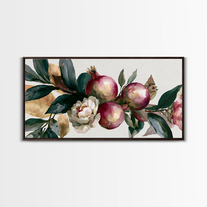 Pomegranate and Gold Leaf Botanical Study Canvas Print, Dining Room Art, Kitchen Art, Dining Room Decor, Fine Art, Dining, DRA-2x1-76
