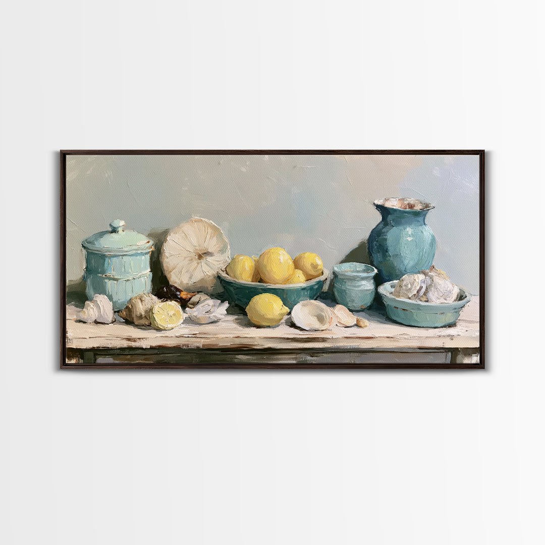 Shellfish and Lemon Still Life Framed Canvas Print, Dining Room Art, Abstract Wall Art, Dining Room Decor, Fine Art, Dining, DRA-2x1-84
