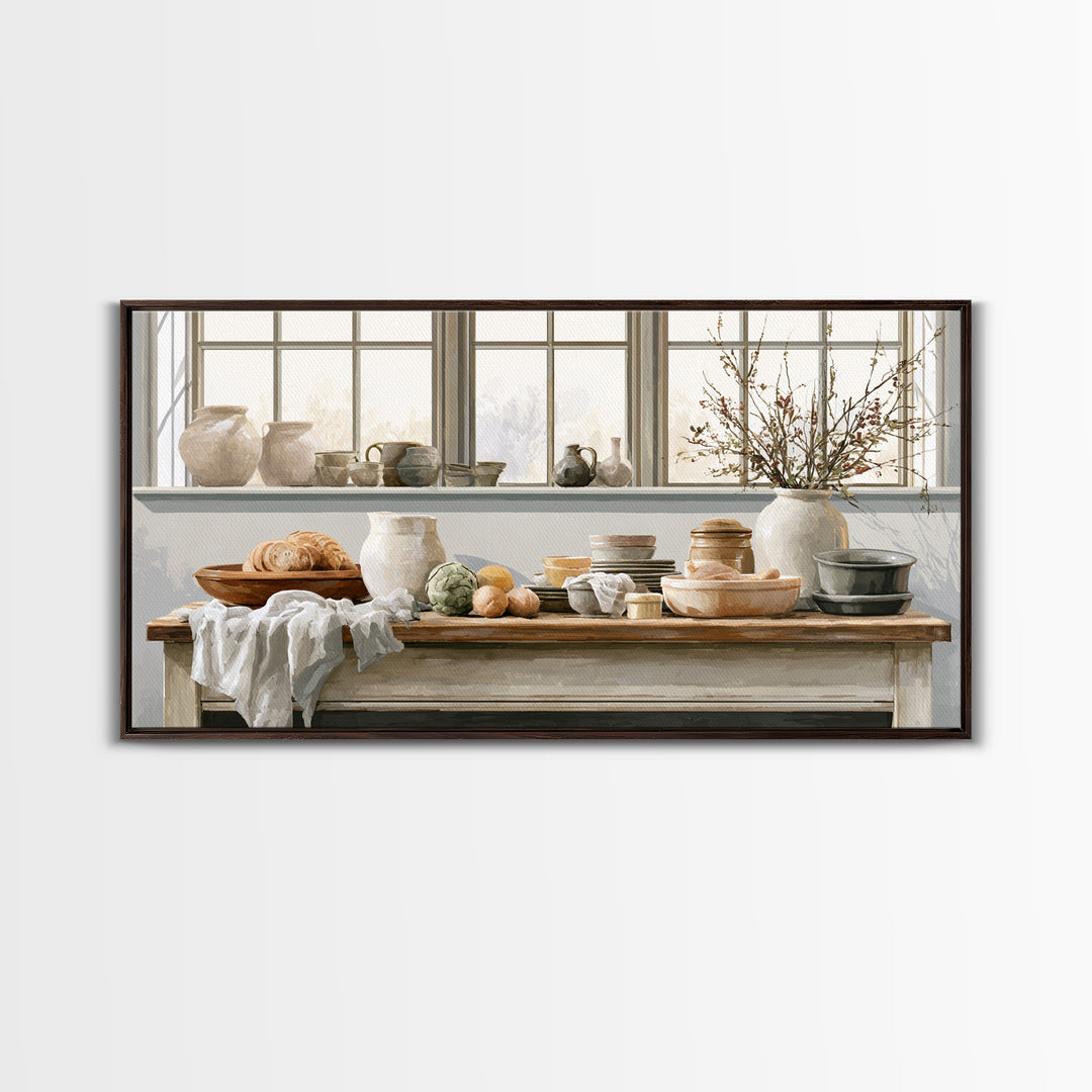 Sunlit Farmhouse Table Objects Without Room View Framed Canvas Print, Dining Room Art, Print, Dining Room Decor, Dining, DRA-2x1-85