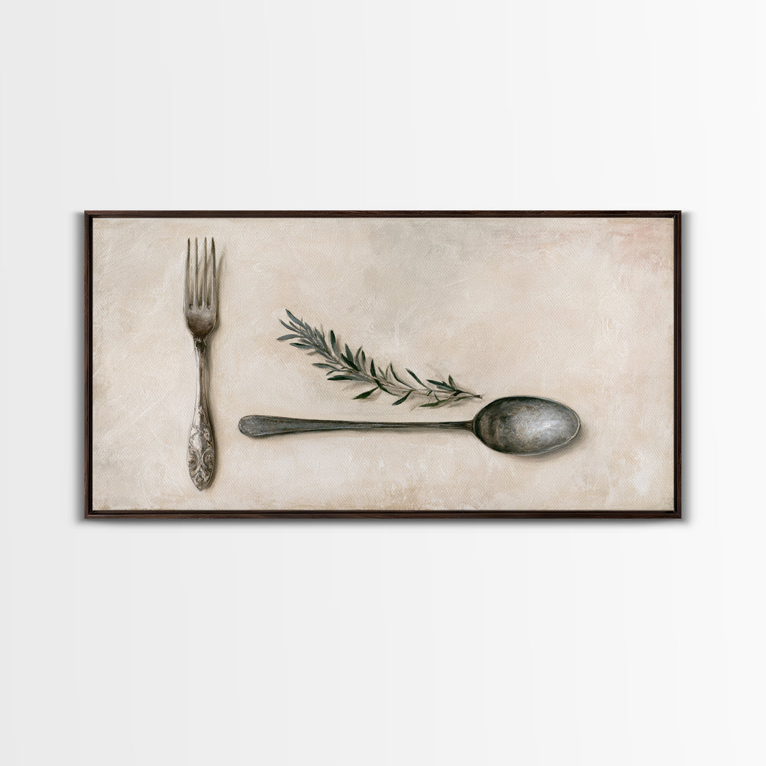 Minimal Fork Spoon and Herb Composition Framed Canvas Print, Dining Room Art, Dining Room Decor, Oil Painting, Dining, DRA-2x1-90