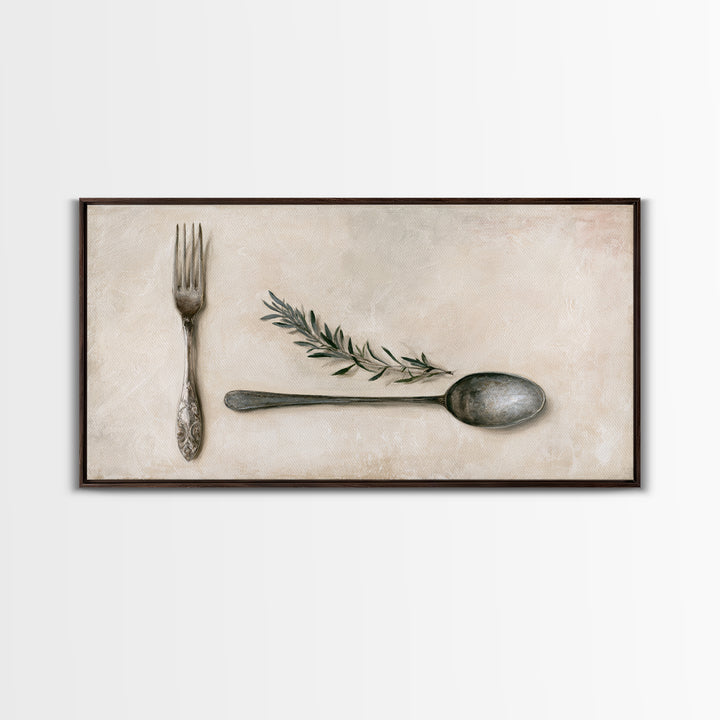 Minimal Fork Spoon and Herb Composition Framed Canvas Print, Dining Room Art, Dining Room Decor, Oil Painting, Dining, DRA-2x1-90