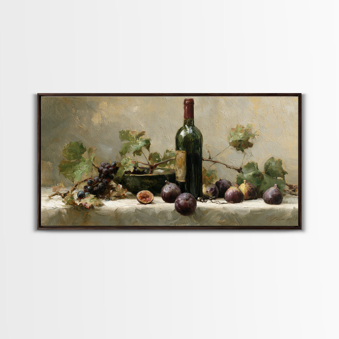 Wine Bottle and Figs on a Linen Framed Canvas Print, Dining Room Art, Coastal Decor, Dining Room Decor, Fine Art, Dining, DRA-2x1-95