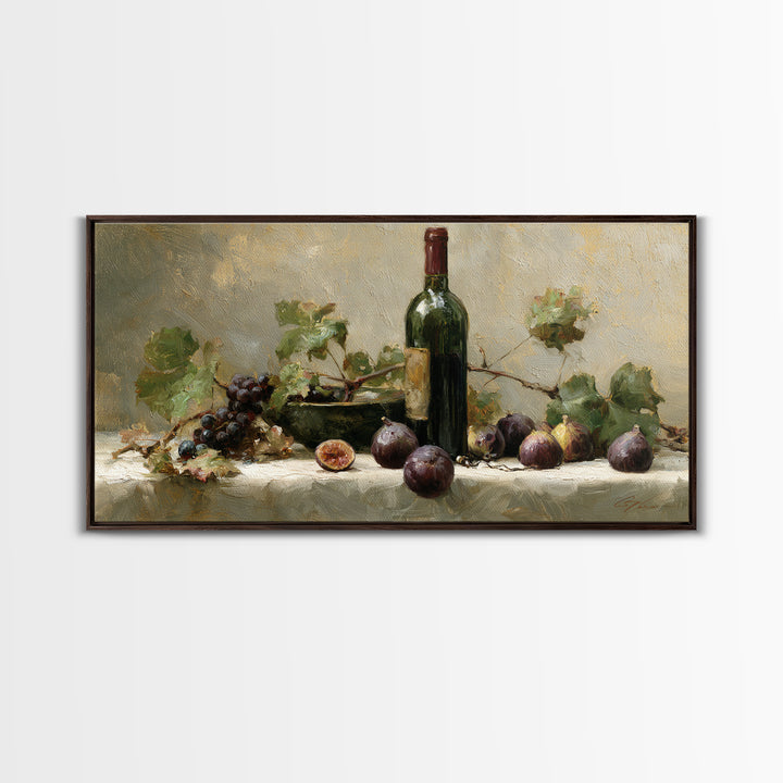Wine Bottle and Figs on a Linen Framed Canvas Print, Dining Room Art, Coastal Decor, Dining Room Decor, Fine Art, Dining, DRA-2x1-95