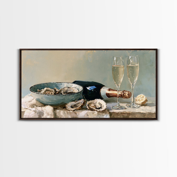 Elegant Oyster and Champagne Still Life Framed Canvas Print, Dining Room Art, Kitchen Wall Art, Dining Room Decor, Dining, DRA-2x1-99