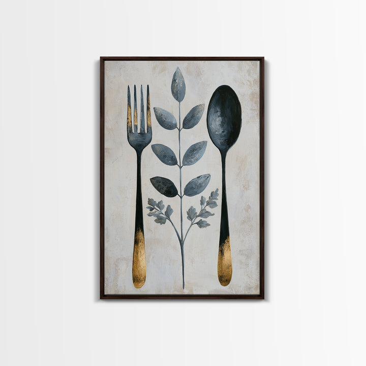 Minimal Fork Spoon and Herb Composition Framed Canvas Print, Dining Room Art, Wall Decor, Dining Room Decor, Fine Art, Dining, DRA-2x3-30