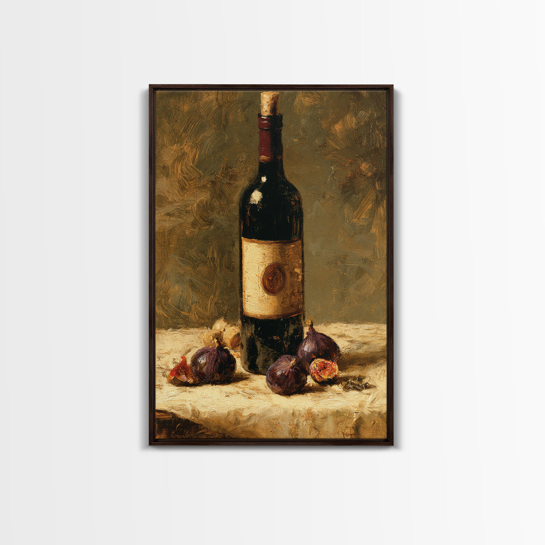 Wine Bottle and Figs on a Linen Canvas Print, Dining Room Art, Gallery Decor, Dining Room Decor, Abstract Art, Dining, DRA-2x3-35