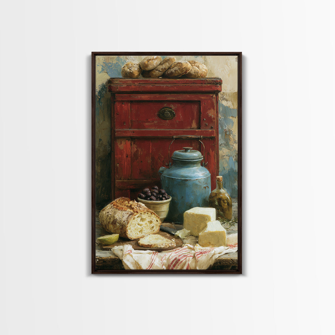 Rustic Bread Olives and Cheese Still Life Framed Canvas Print, Dining Room Art, Art Print, Dining Room Decor, Fine Art, Dining, DRA-2x3-38