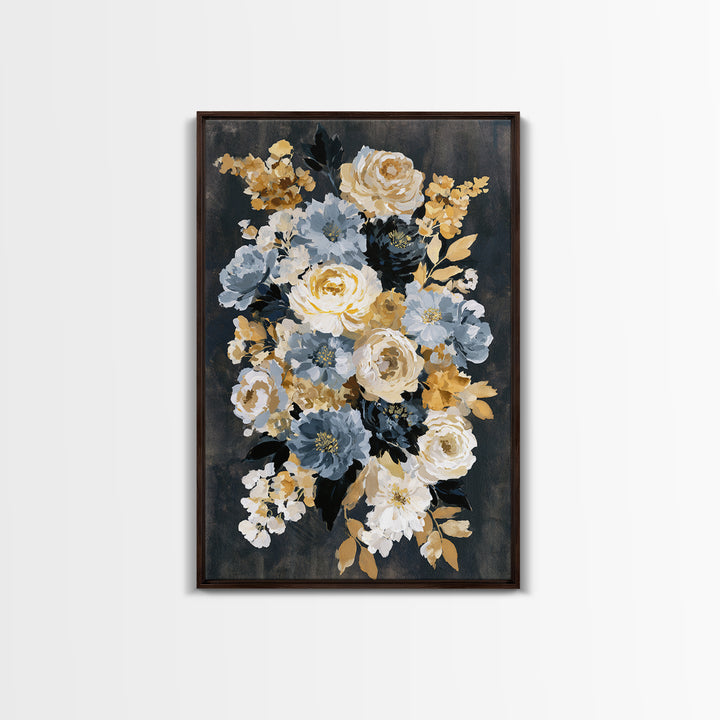 Moody Dark Background Bouquet for Formal Dining Framed Canvas Print, Dining Room Art, Neutral Decor, Dining Room Decor, Dining, DRA-2x3-43