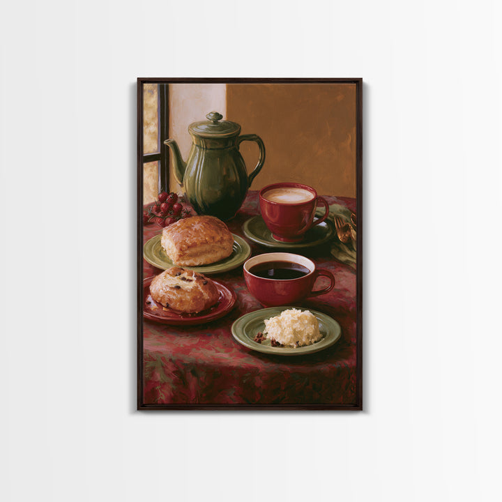 Coffee and Pastry Scene for Breakfast Nook Framed Canvas Print, Dining Room Art, Statement Artwork, Dining Room Decor, Dining, DRA-2x3-46