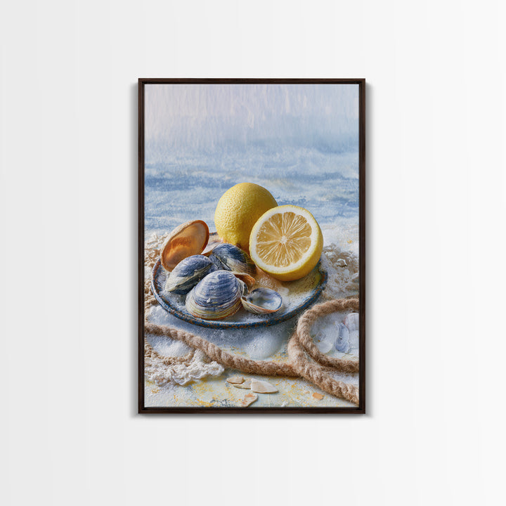 Shellfish and Lemon Still Life Framed Canvas Print, Dining Room Art, Kitchen Prints, Dining Room Decor, Watercolor Art, Dining, DRA-2x3-48