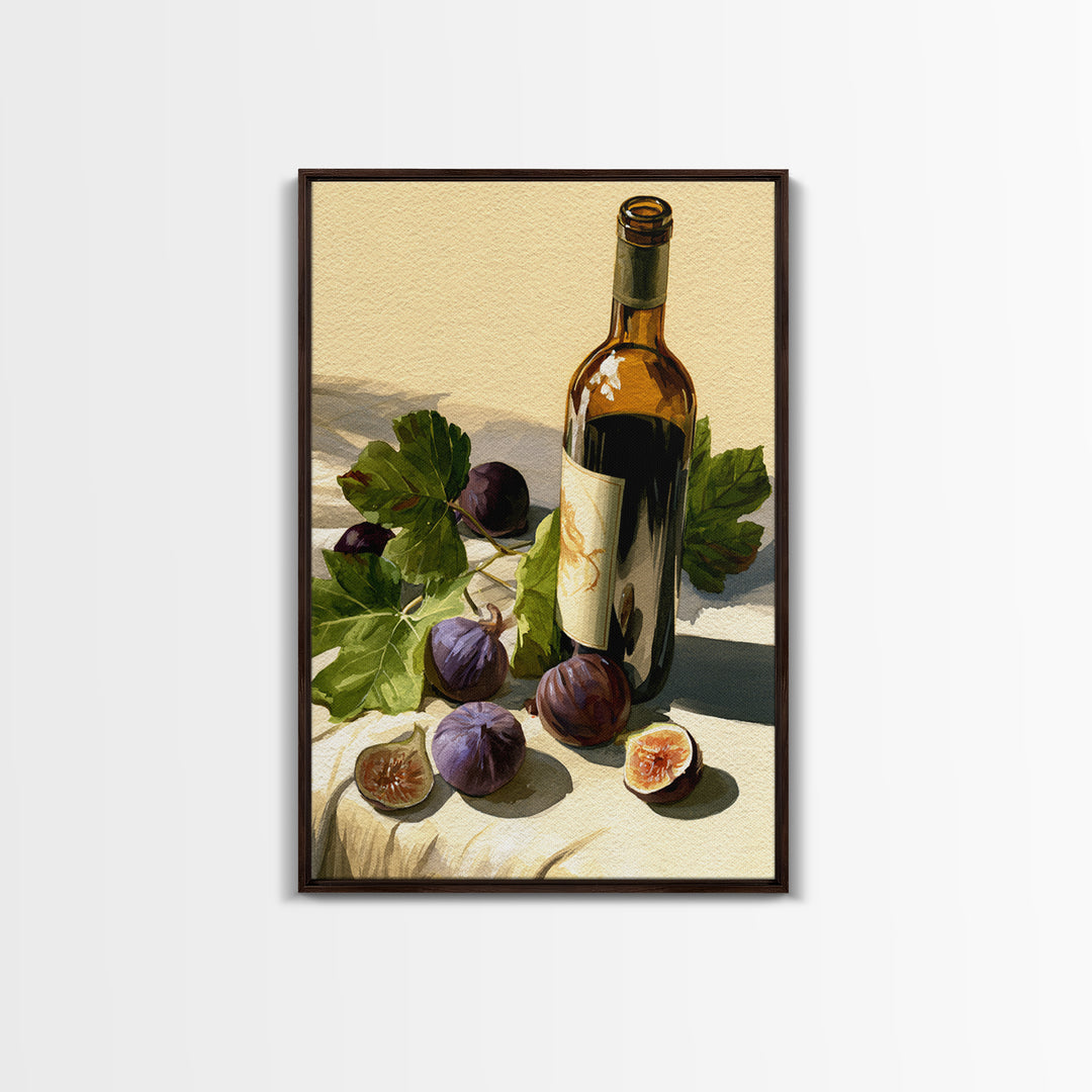Wine Bottle and Figs on a Linen Framed Canvas Print, Dining Room Art, Boho Decor, Dining Room Decor, Abstract Art, Dining, DRA-2x3-59
