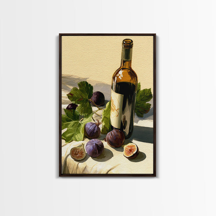 Wine Bottle and Figs on a Linen Framed Canvas Print, Dining Room Art, Boho Decor, Dining Room Decor, Abstract Art, Dining, DRA-2x3-59