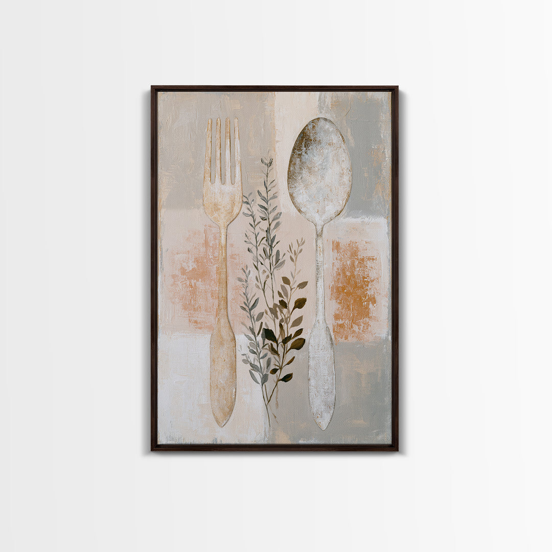 Minimal Fork Spoon and Herb Composition Framed Canvas Print, Dining Room Art, Wall Decor, Dining Room Decor, Fine Art, Dining, DRA-2x3-6