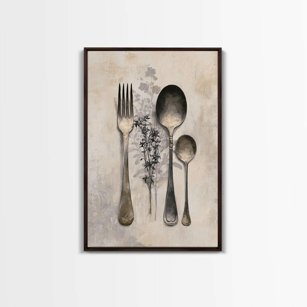 Minimal Fork Spoon and Herb Composition Framed Canvas Print, Dining Room Art, Minimalist Decor, Dining Room Decor, Dining, DRA-2x3-78