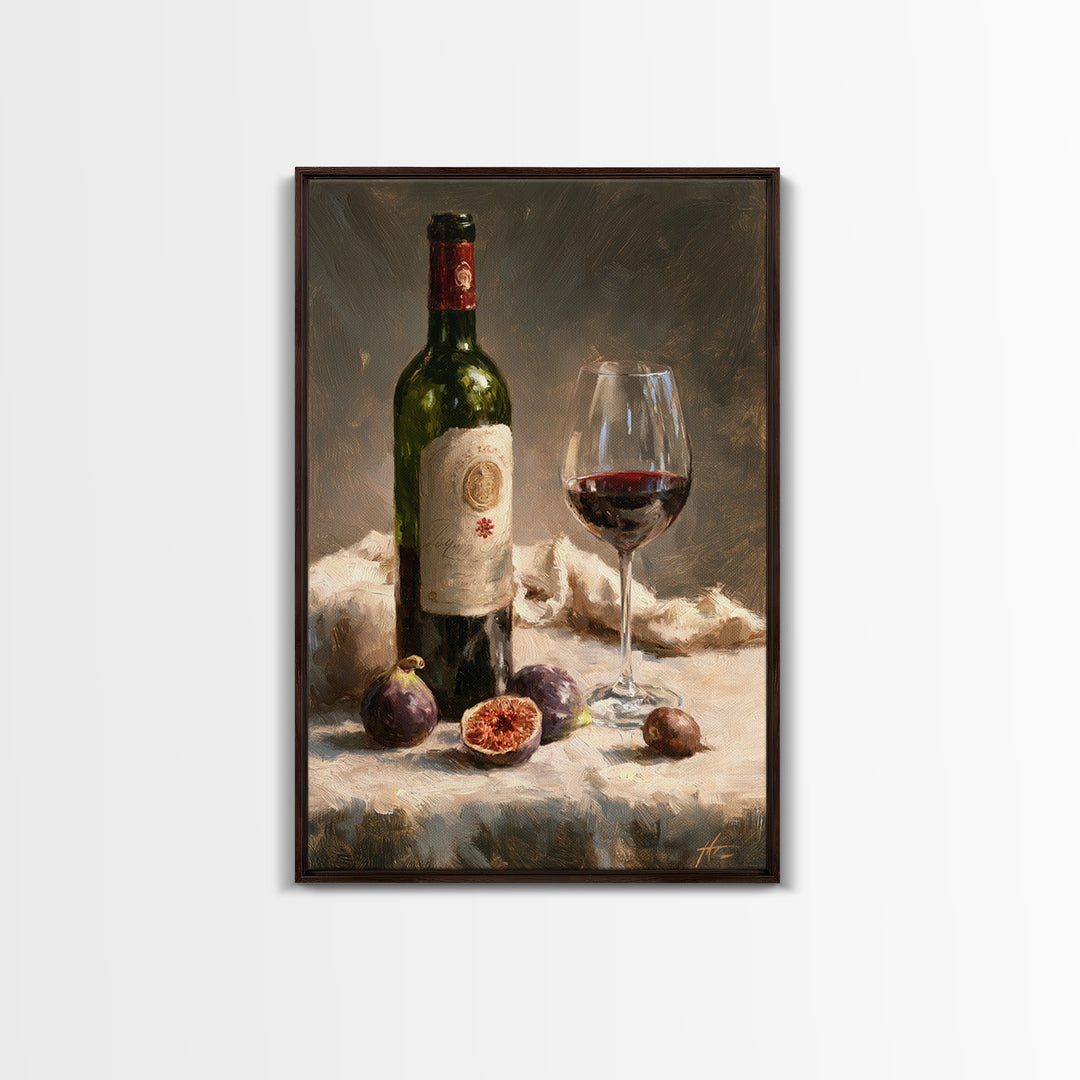Wine Bottle and Figs on a Linen Framed Canvas Print, Dining Room Art, Print, Dining Room Decor, Dining, Living Room Decor, DRA-2x3-83