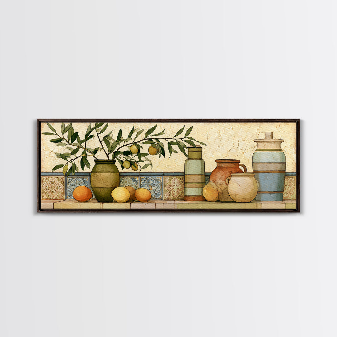 Mediterranean Olive Branch and Citrus Arrangement Canvas Print, Dining Room Art, Coastal Wall Art, Dining Room Decor, Dining, DRA-3x1-100