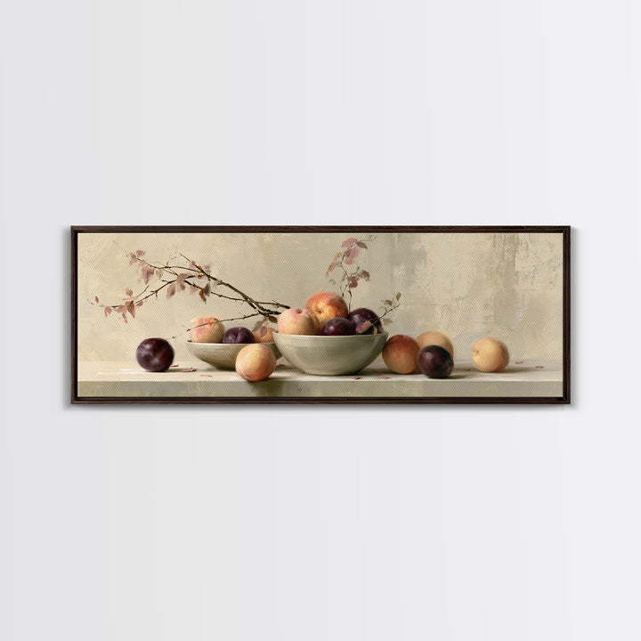 Peach and Plum Still Life Framed Canvas Print, Dining Room Art, Kitchen Wall Decor, Dining Room Decor, Fine Art, Dining, DRA-3x1-12