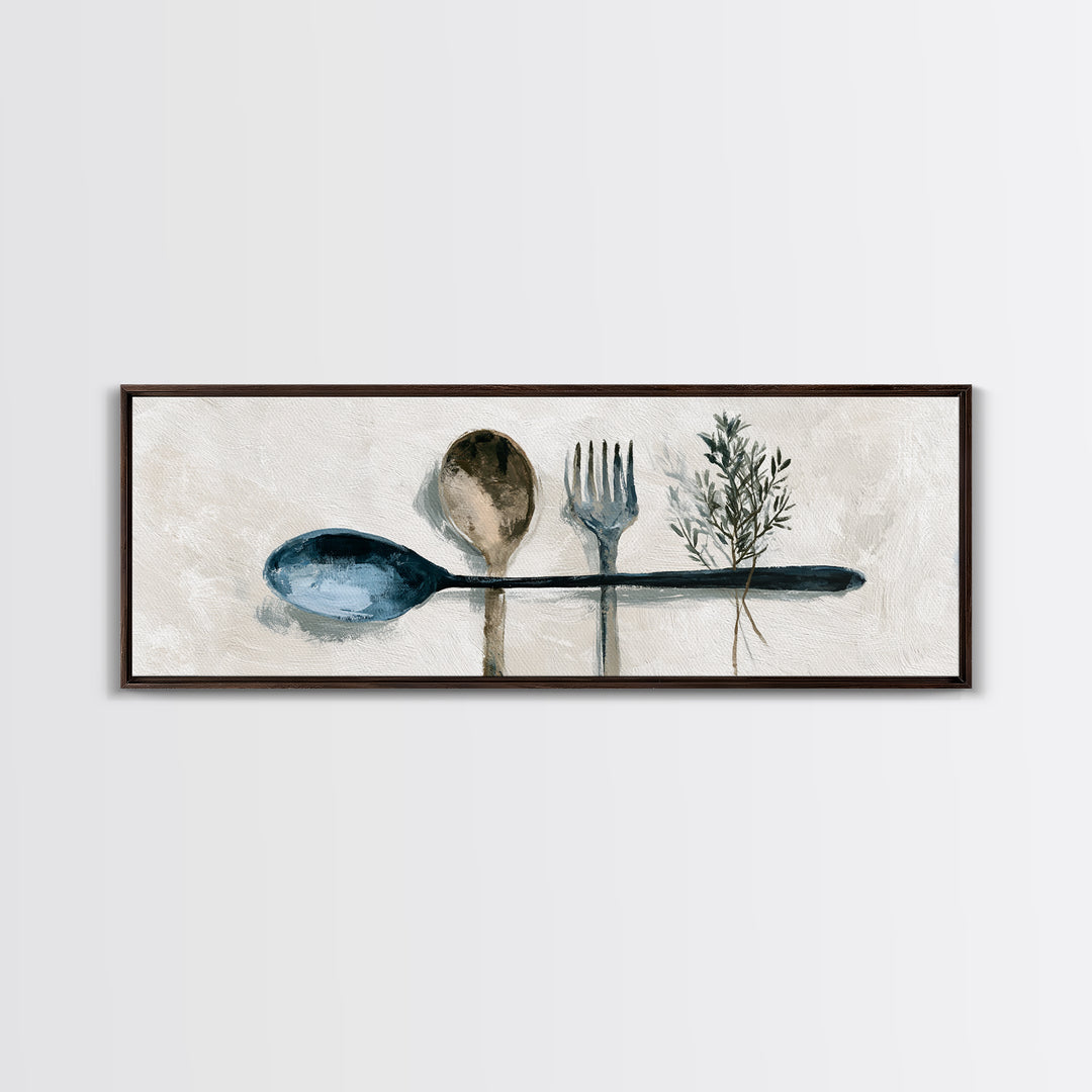 Minimal Fork Spoon and Herb Composition Canvas Print, Dining Room Art, Coastal Wall Art, Dining Room Decor, Fine Art, Dining, DRA-3x1-14