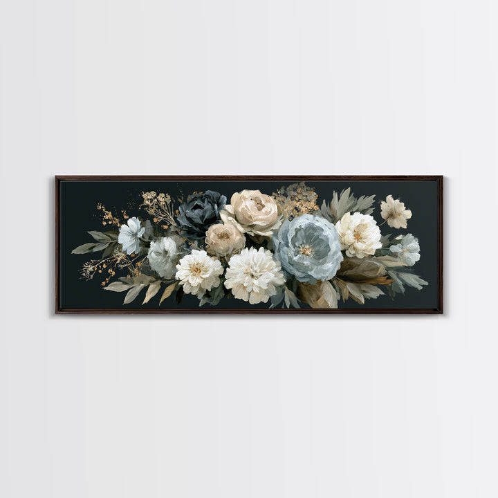 Moody Dark Background Bouquet for Formal Dining Framed Canvas Print, Dining Room Art, Modern Decor, Dining Room Decor, Dining, DRA-3x1-27