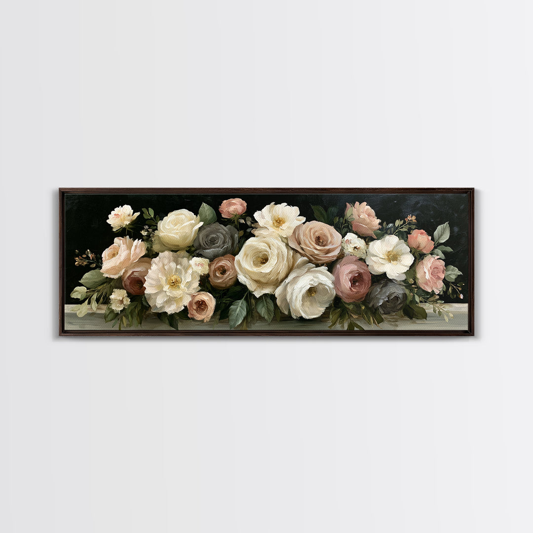 Moody Dark Background Bouquet for Formal Dining Canvas Print, Dining Room Art, Trendy Wall Art, Dining Room Decor, Dining, DRA-3x1-3