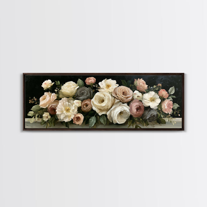 Moody Dark Background Bouquet for Formal Dining Canvas Print, Dining Room Art, Trendy Wall Art, Dining Room Decor, Dining, DRA-3x1-3