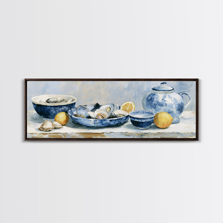 Shellfish and Lemon Still Life Framed Canvas Print, Dining Room Art, Trendy Wall Art, Dining Room Decor, Watercolor Art, Dining, DRA-3x1-32