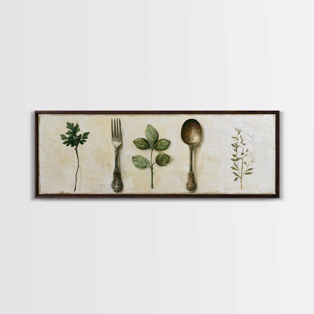 Minimal Fork Spoon and Herb Composition Canvas Print, Dining Room Art, Print, Dining Room Decor, Dining, Living Room Decor, DRA-3x1-38