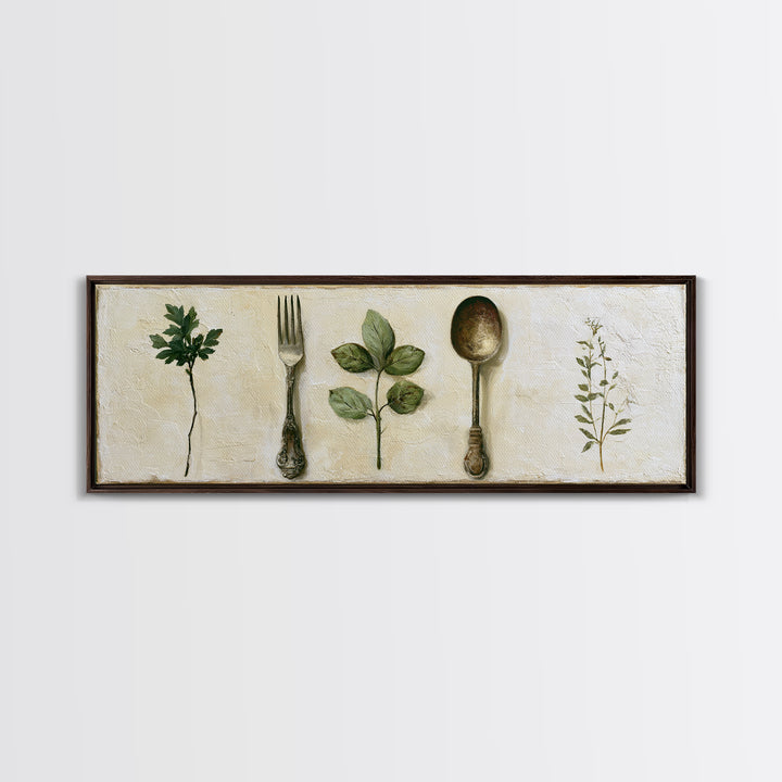 Minimal Fork Spoon and Herb Composition Canvas Print, Dining Room Art, Print, Dining Room Decor, Dining, Living Room Decor, DRA-3x1-38