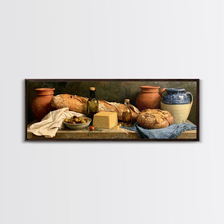 Rustic Bread Olives and Cheese Still Life Canvas Print, Dining Room Art, Kitchen Wall Art, Dining Room Decor, Fine Art, Dining, DRA-3x1-46