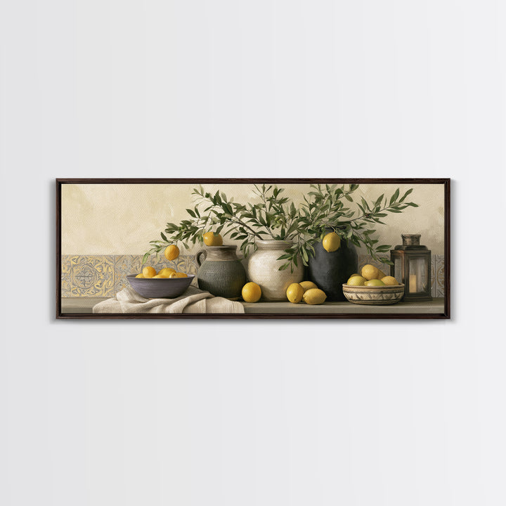 Mediterranean Olive Branch and Citrus Arrangement Canvas Print, Dining Room Art, Luxury Decor, Dining Room Decor, Dining, DRA-3x1-52