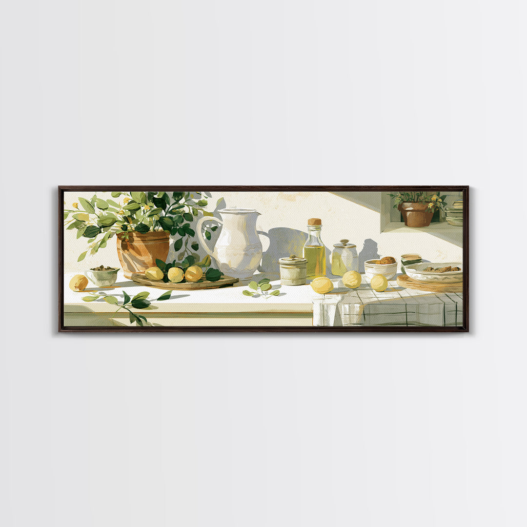 Sunlit Farmhouse Table Objects Without Room View Framed Canvas Print, Dining Room Art, Kitchen Art, Dining Room Decor, Dining, DRA-3x1-57