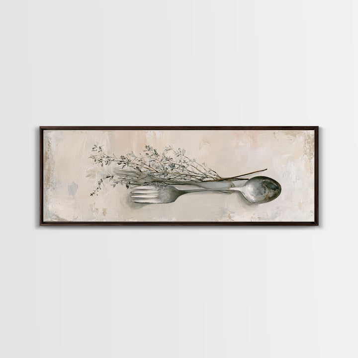 Minimal Fork Spoon and Herb Composition Canvas Print, Dining Room Art, Coastal Decor, Dining Room Decor, Oil Painting, Dining, DRA-3x1-62