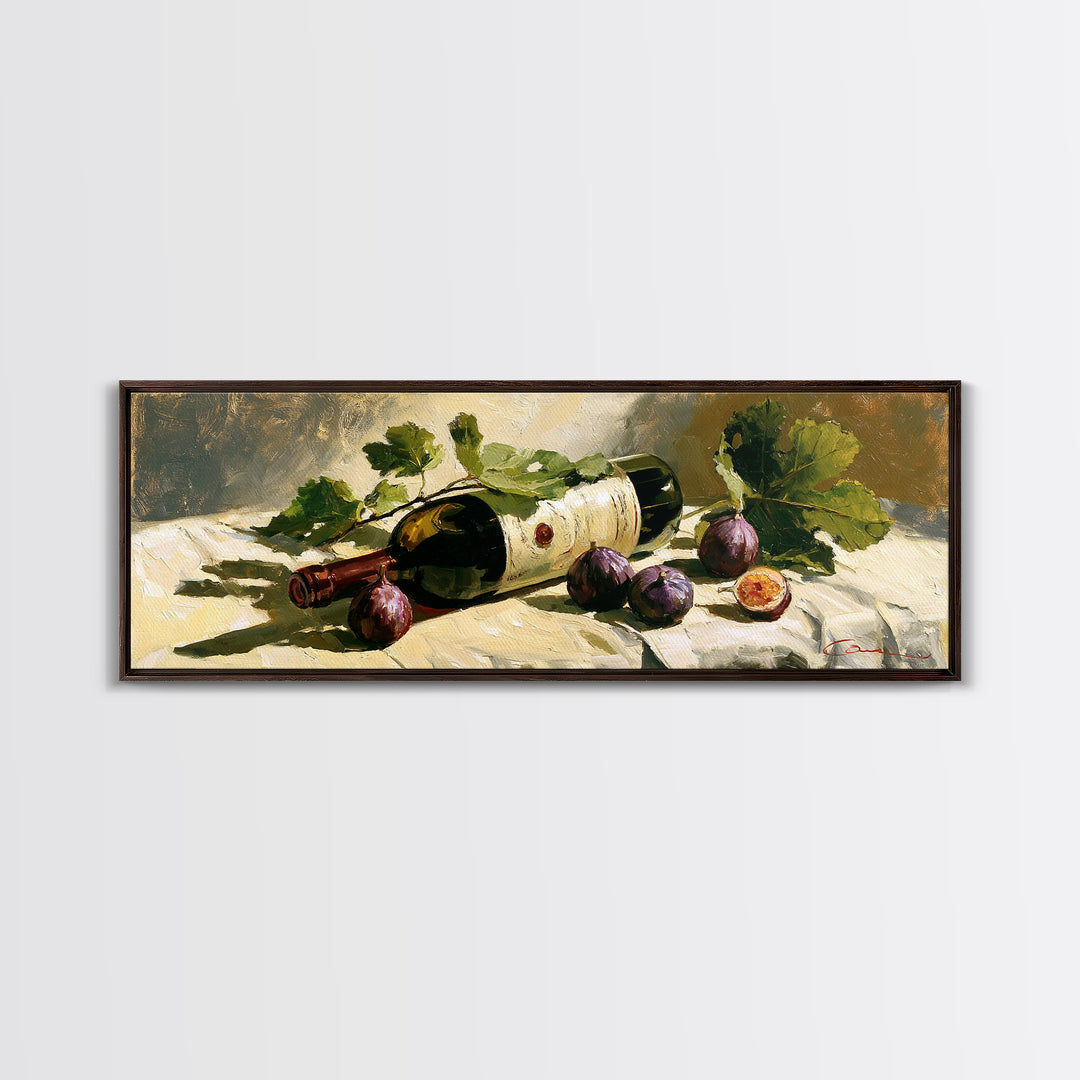 Wine Bottle and Figs on a Linen Framed Canvas Print, Dining Room Art, Printable Wall Art, Dining Room Decor, Fine Art, Dining, DRA-3x1-67