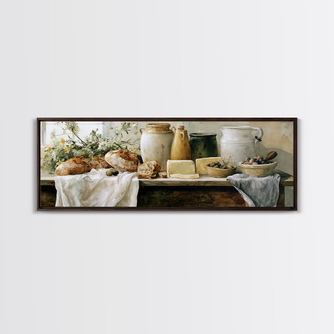 Rustic Bread Olives and Cheese Still Life Canvas Print, Dining Room Art, Modern Decor, Dining Room Decor, Oil Painting, Dining, DRA-3x1-70