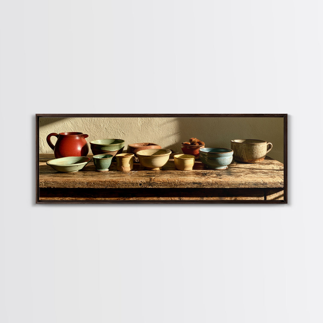 Sunlit Farmhouse Table Objects Without Room View Framed Canvas Print, Dining Room Art, Kitchen Art, Dining Room Decor, Dining, DRA-3x1-81