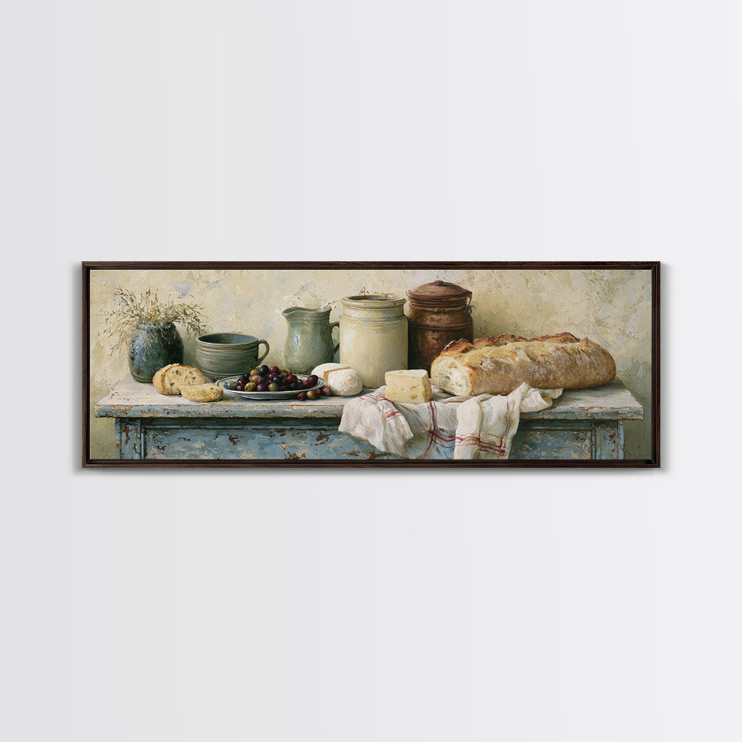 Rustic Bread Olives and Cheese Still Life Canvas Print, Dining Room Art, Dining Room Decor, Watercolor Art, Dining, DRA-3x1-94