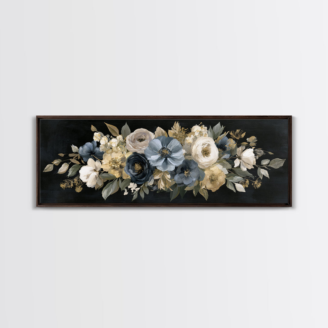 Moody Dark Background Bouquet for Formal Dining Framed Canvas Print, Dining Room Art, Wall Decor, Dining Room Decor, Dining, DRA-3x1-99