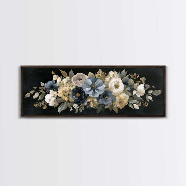 Moody Dark Background Bouquet for Formal Dining Framed Canvas Print, Dining Room Art, Wall Decor, Dining Room Decor, Dining, DRA-3x1-99