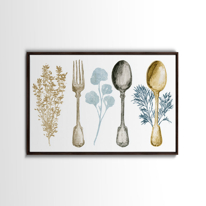 Minimal Fork Spoon and Herb Composition Framed Canvas Print, Dining Room Art, Minimalist Decor, Dining Room Decor, Dining, DRA-3x2-2