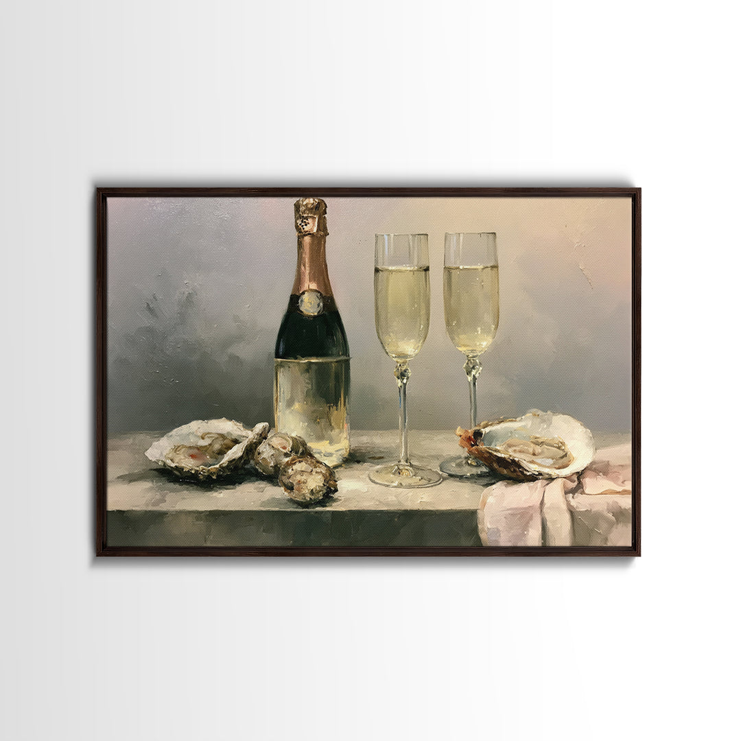 Elegant Oyster and Champagne Still Life Framed Canvas Print, Dining Room Art, Living Room Decor, Dining Room Decor, Dining, DRA-3x2-35