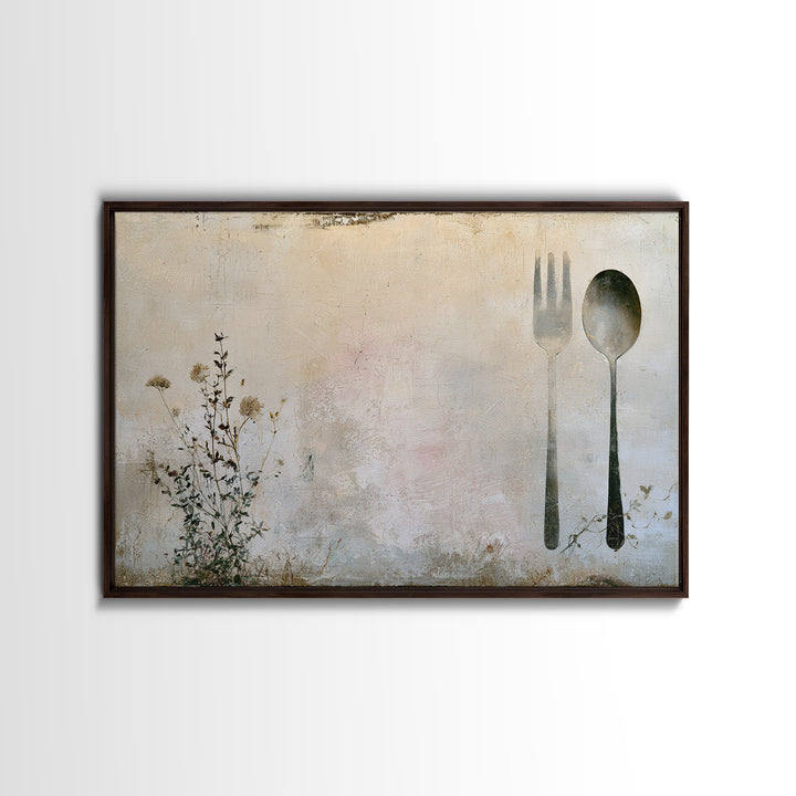 Minimal Fork Spoon and Herb Composition Framed Canvas Print, Dining Room Art, Kitchen Decor, Dining Room Decor, Oil Painting, DRA-3x2-50