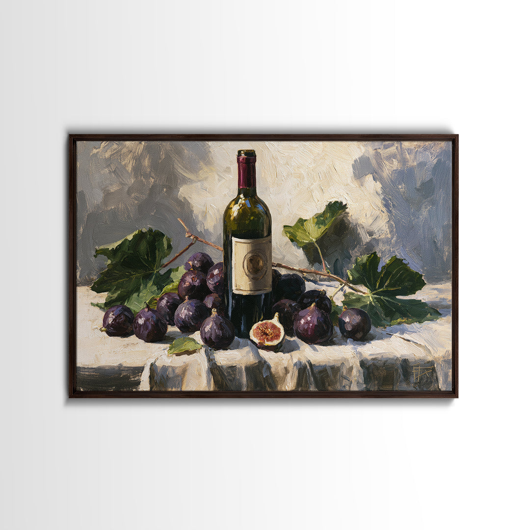 Wine Bottle and Figs on a Linen Framed Canvas Print, Dining Room Art, Boho Decor, Dining Room Decor, Abstract Art, Dining, DRA-3x2-55