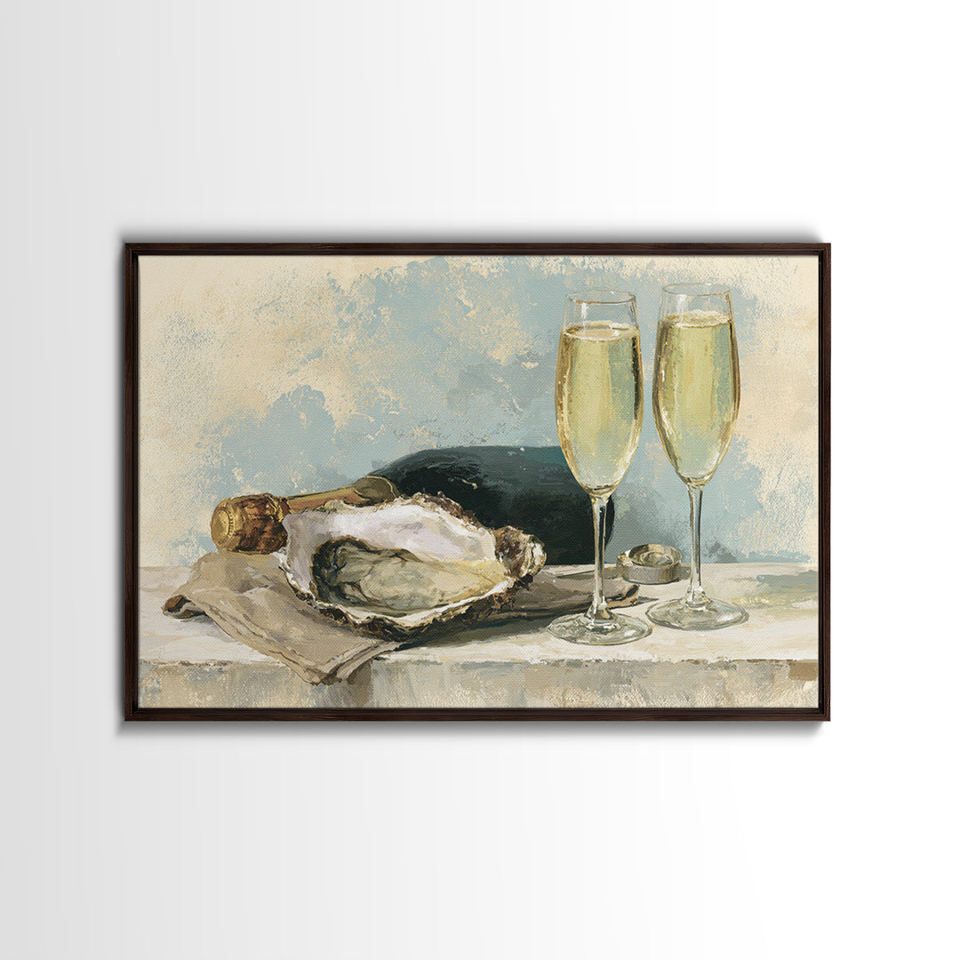 Elegant Oyster and Champagne Still Life Framed Canvas Print, Dining Room Art, Kitchen Prints, Dining Room Decor, Oil Painting, DRA-3x2-59